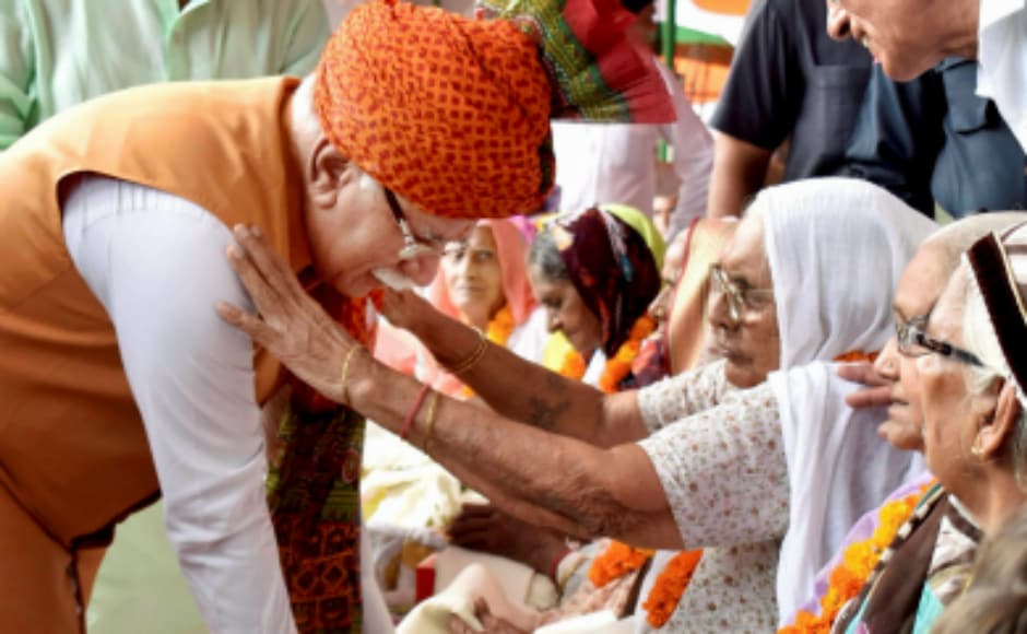 Haryana chief minister Manohar Lal Khattar honoured the family members of freedom fighters at a function at Tau Devi Lal Stadium to celebrate Independence Day, in Gurugram. PTI Haryana chief minister Manohar Lal Khattar honoured the family members of freedom fighters at a function at Tau Devi Lal Stadium to celebrate Independence Day, in Gurugram. PTI