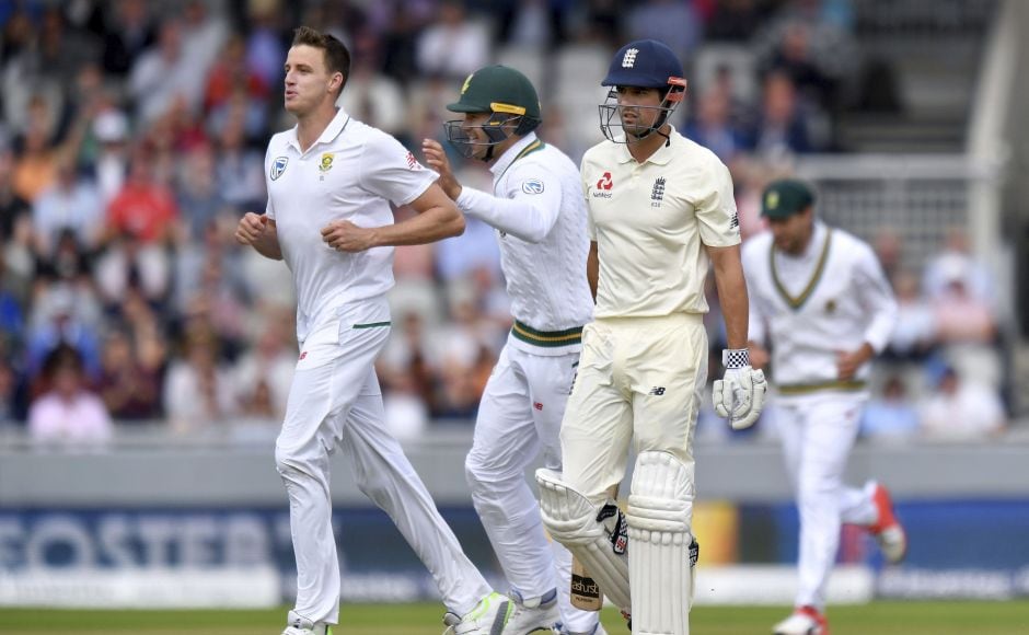 England lost Alastair Cook (10) early in the 2nd innings to South Africa fast bowler Morne Morkel with the aid of a catch at gully. AP England lost Alastair Cook (10) early in the 2nd innings to South Africa fast bowler Morne Morkel with the aid of a catch at gully. AP