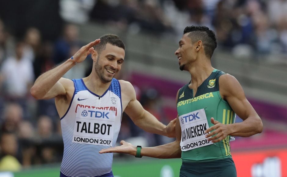 Both Van Niekerk and Talbot were timed at 20.16 seconds, but Van Niekerk finished first by the smallest margin possible. AP Both Van Niekerk and Talbot were timed at 20.16 seconds, but Van Niekerk finished first by the smallest margin possible. AP