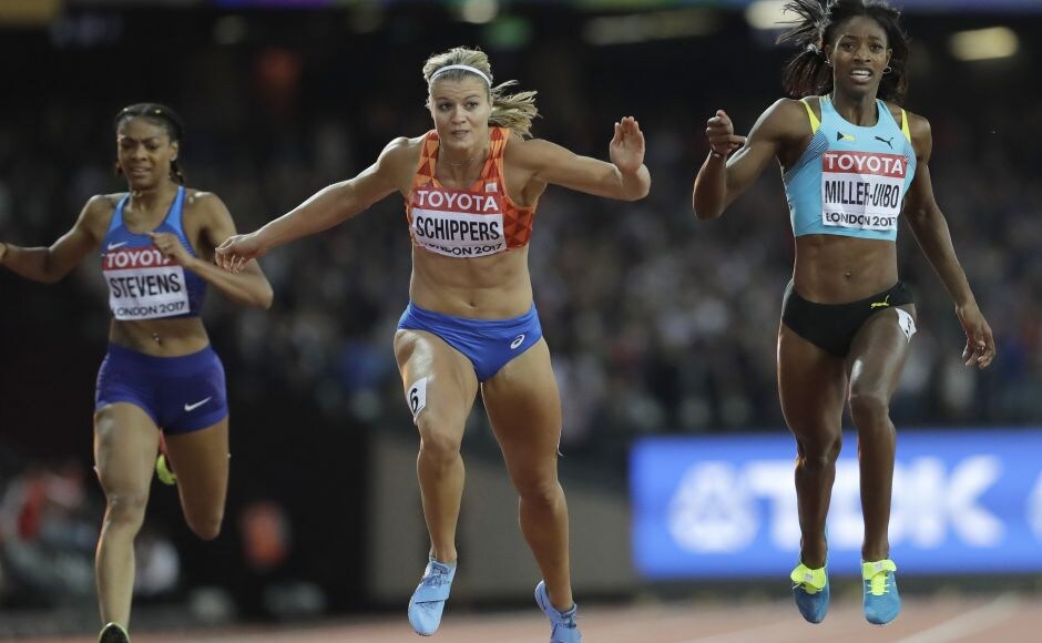 Dafne Schippers (centre) came out of the bend just ahead of Ivory Coast's Marie-Josee Ta Lou and finished in 20.05 seconds. Shaunae Miller-Uibo (right), the 400 Olympic champion, took the bronze medal. AP Dafne Schippers (centre) came out of the bend just ahead of Ivory Coast's Marie-Josee Ta Lou and finished in 20.05 seconds. Shaunae Miller-Uibo (right), the 400 Olympic champion, took the bronze medal. AP