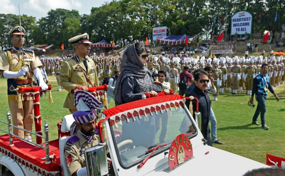 After unfurling the national flag, Mufti inspected the guard of honour at Bakhshi Stadium in Srinagar. She also welcomes Prime Minister Narendra Modi's remarks on Kashmir, saying she has maintained that dialogue can alone solve the problems in Kashmir. PTI After unfurling the national flag, Mufti inspected the guard of honour at Bakhshi Stadium in Srinagar. She also welcomes Prime Minister Narendra Modi's remarks on Kashmir, saying she has maintained that dialogue can alone solve the problems in Kashmir. PTI