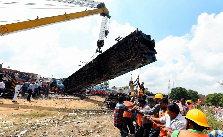 Building on overnight search and rescue operations, the railways on Sunday deployed high-tech cranes and scores of workers to clear the tracks even as the sleepy town of Khatauli tried to come to terms with the tragedy. PTI Building on overnight search and rescue operations, the railways on Sunday deployed high-tech cranes and scores of workers to clear the tracks even as the sleepy town of Khatauli tried to come to terms with the tragedy. PTI