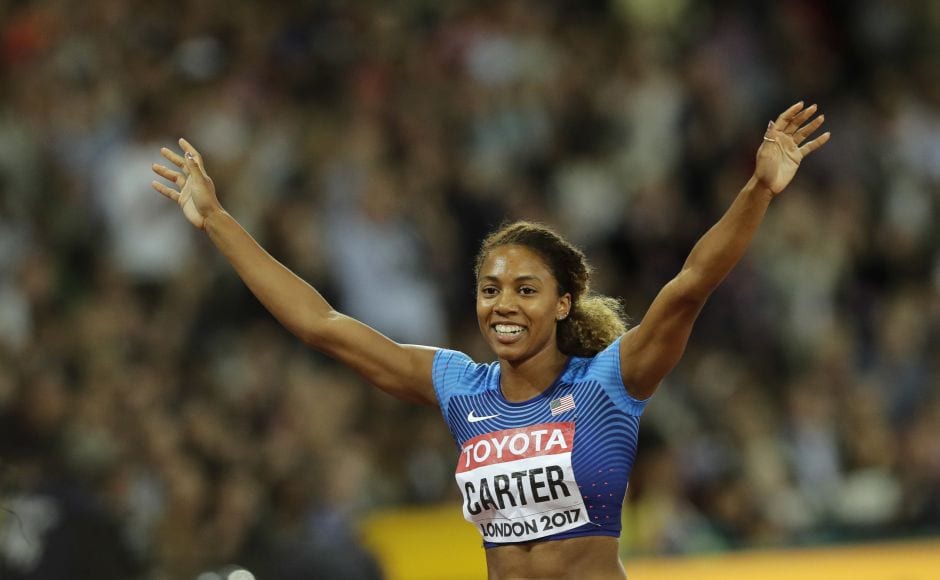 Running in the outside lane, Kori Carter lead an American 1-2 in the 400-metre hurdles. Carter picked up speed after 100 meters and never looked back, finishing in 53.07 seconds, .43 seconds ahead of Muhammad. AP Running in the outside lane, Kori Carter lead an American 1-2 in the 400-metre hurdles. Carter picked up speed after 100 meters and never looked back, finishing in 53.07 seconds, .43 seconds ahead of Muhammad. AP