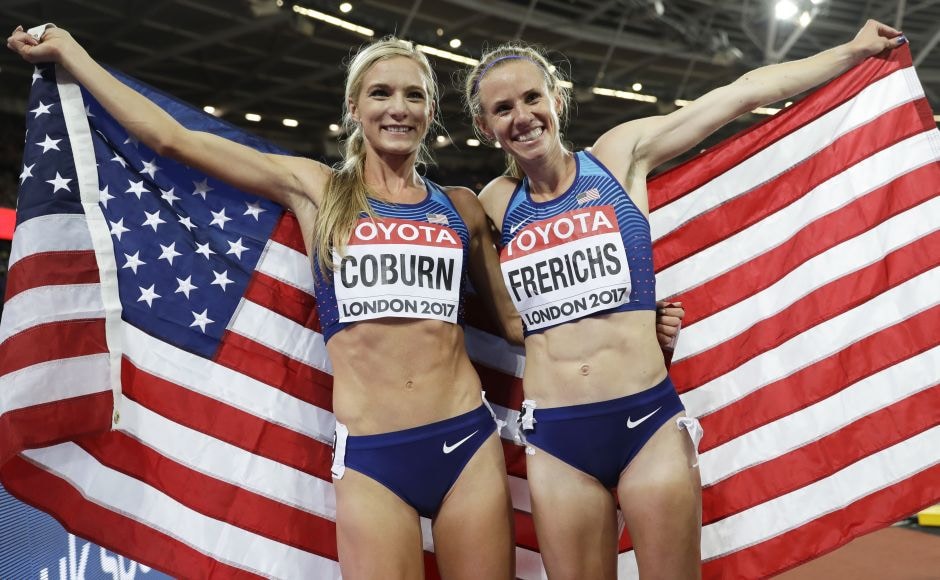 Emma Coburn led an unlikely 1-2 finish for the United States in the steeplechase. Courtney Frerichs took silver while defending champion Hyvin Jepkemoi of Kenya earned bronze. AP Emma Coburn led an unlikely 1-2 finish for the United States in the steeplechase. Courtney Frerichs took silver while defending champion Hyvin Jepkemoi of Kenya earned bronze. AP