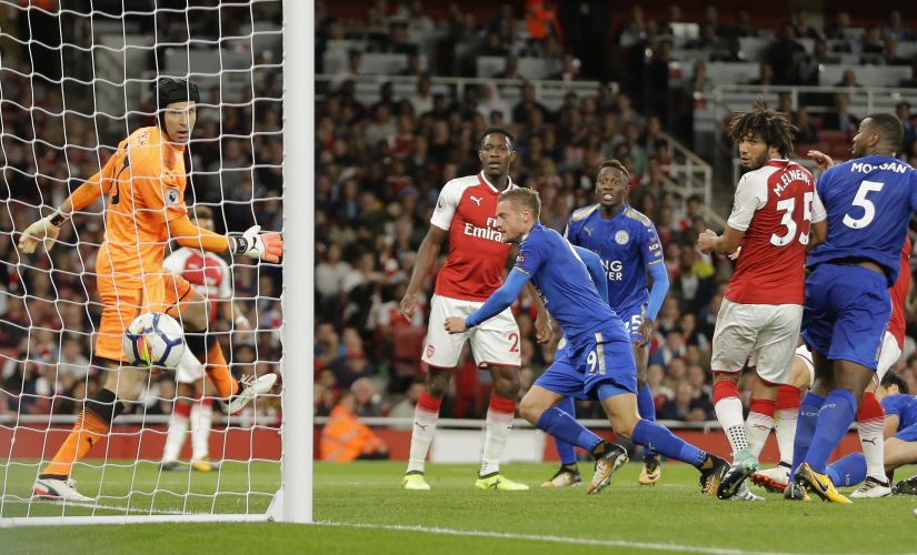 Leicester City's Jamie Vardy celebrates after scoring his sides third goal of the game during their English Premier League soccer match between Arsenal and Leicester City at the Emirates stadium in London, Friday, Aug. 11, 2017. (AP Photo/Alastair Grant)