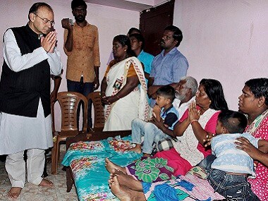 Arun Jaitley visited the family members of slain RSS worker Rajesh Edavakode who was brutally killed by a group of CPM supporters, in Thiruvananthapuram.PTI