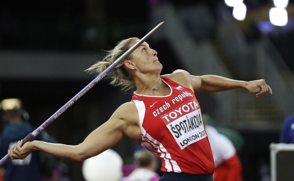 After a winning throw of 66.76 metres, two-time Olympic champion Barbora Spotakova of the Czech Republic won the gold medal in women's javelin a decade after her last world title. Spotakova won the gold at the 2012 London Games and then took a break from competition to become a mother. AP After a winning throw of 66.76 metres, two-time Olympic champion Barbora Spotakova of the Czech Republic won the gold medal in women's javelin a decade after her last world title. Spotakova won the gold at the 2012 London Games and then took a break from competition to become a mother. AP