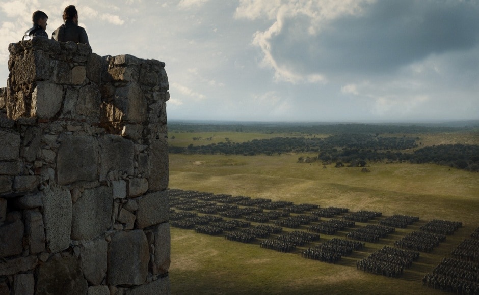 Episode 7 and season finale — The Dragon and the Wolf — will see Dany's army of the Unsullied and Dothraki make their staggering presence felt as they march right outside King's Landing. Jaime and Bronn look at the massive army from a watchtower. Image via HBO.