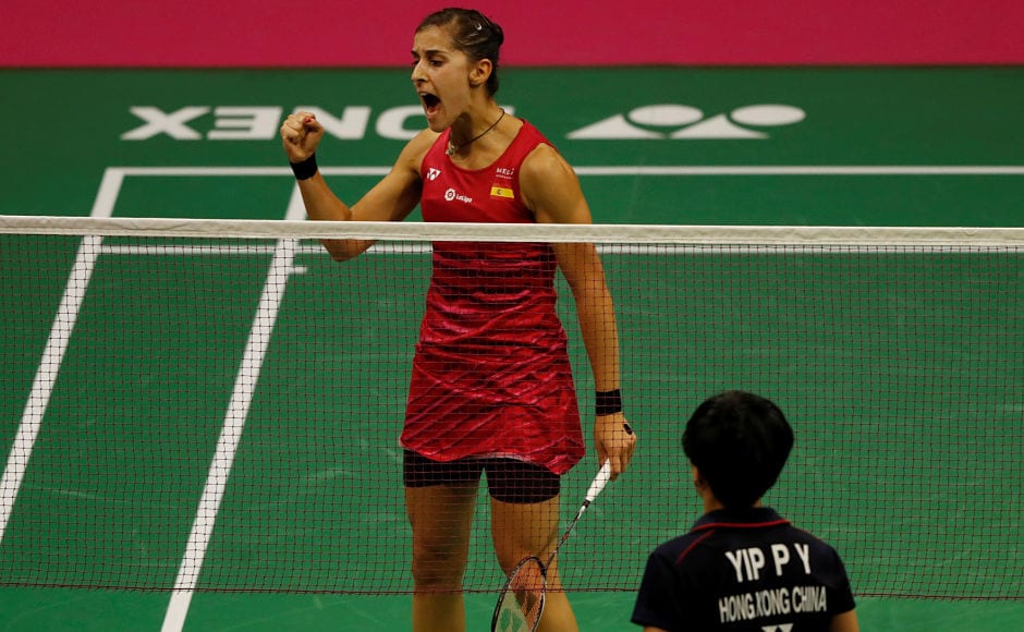 Spain's Carolina Marin advanced to the next round. Here she celebrates during her match against Hong Kong's Yip Pui Yin. Reutera