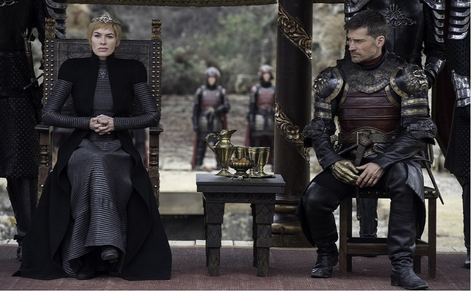 Cersei is seen giving snooty looks while her brother and lover Jaime looks intently towards her. Tyrion's presence during the armistice meeting has definitely bothered Cersei. Is her evil mind again plotting of something vicious? Image via HBO.