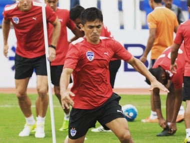 Bengaluru FC captain Sunil Chettri in training ahead of AFC Cup Qualifier match. Image Courtesy: Twitter @bengalurufc