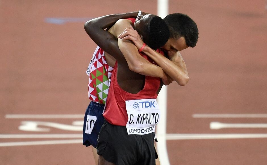 Conseslus Kipruto is embraced by Morocco 's Soufiane Elbakkali after winning the men's 3000 metres steeplechase final. Kipruto easily held off El Bakkali to win in 8 minutes, 14.12 seconds, .37 seconds ahead of the Moroccan. AP Conseslus Kipruto is embraced by Morocco 's Soufiane Elbakkali after winning the men's 3000 metres steeplechase final. Kipruto easily held off El Bakkali to win in 8 minutes, 14.12 seconds, .37 seconds ahead of the Moroccan. AP