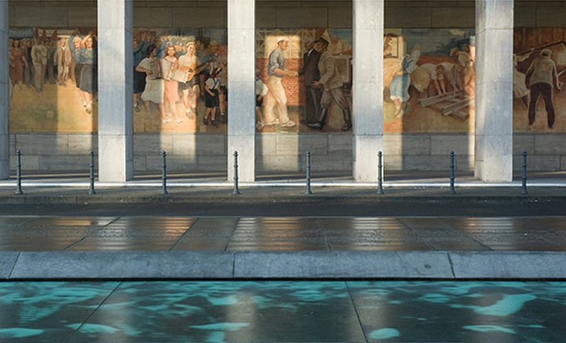 The propoganda mural used by the DDR is still present on the Federal Ministry of Finance building, which was the former DDR headquarters Image Source: Federal Ministry of Finance, Jörg Rüger