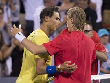 Rafael Nadal, of Spain, congratulates Denis Shapovalov, of Canada, on his 3-6, 6-4, 7-6 (4) win at the Rogers Cup tennis tournament Thursday, Aug. 10, 2017, in Montreal. (Paul Chiasson/The Canadian Press via AP)