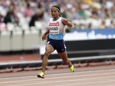 India's Dutee Chand crosses the line a women's 100m heat during the World Athletics Championships in London Saturday, Aug. 5, 2017. (AP Photo/Tim Ireland)