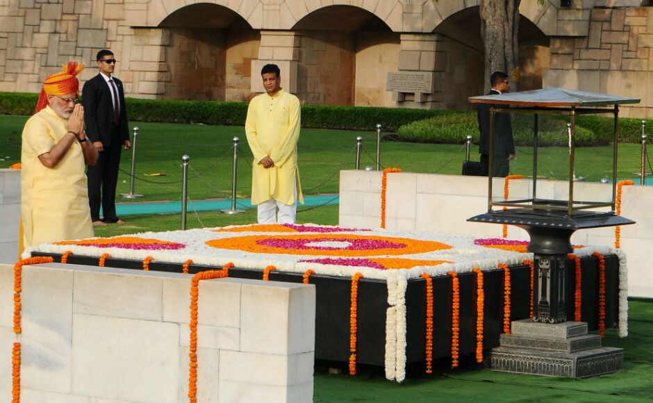 Early morning, the prime minister paid homage to Mahatma Gandhi's memorial at Rajghat before arriving at the Red Fort. Twitter @PIB_India Early morning, the prime minister paid homage to Mahatma Gandhi's memorial at Rajghat before arriving at the Red Fort. Twitter @PIB_India
