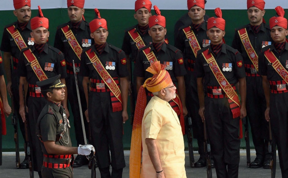 Modi also inspected a guard of honour following his arrival at the Red Fort, where he gave his fourth Independence Day address. PTI Modi also inspected a guard of honour following his arrival at the Red Fort, where he gave his fourth Independence Day address. PTI