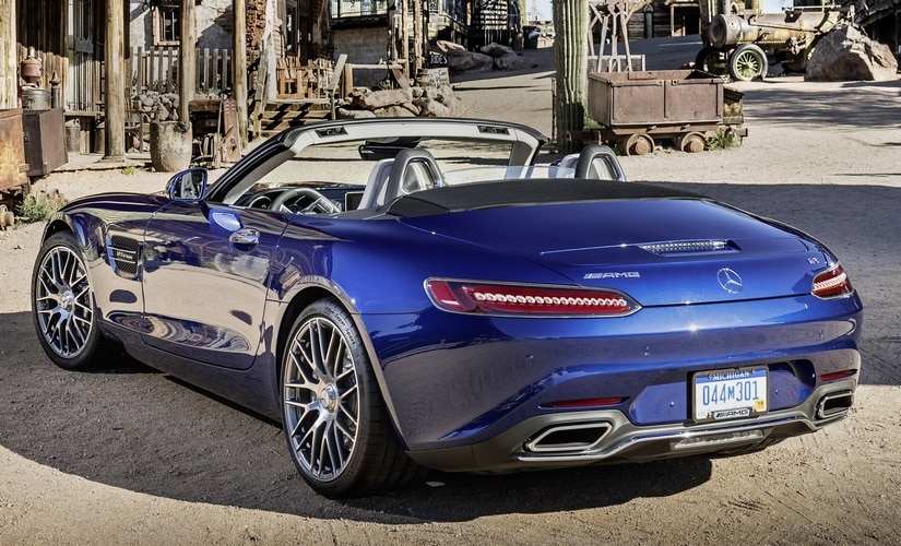 The visual appeal of the Mercedes-AMG GT Roadster lies in its fabric top, and it can be specced in three colour options - red, beige and black.