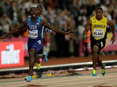 United States' Justin Gatlin celebrates after crossing the line to win the gold medal in the Men's 100m final. AP