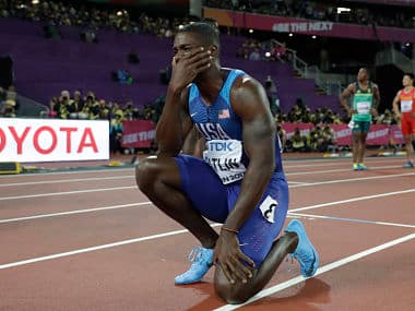 Gold medal winner United States’ Justin Gatlin reacts after the men’s 100m final. AP 