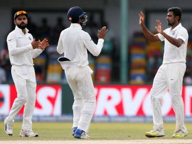 Ravichandran Ashwin celebrates after taking the wicket of Dimuth Karunaratne. Reuters