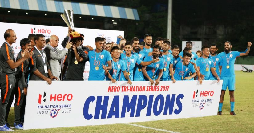 Indian Football Team lifting the Tri-nation series trophy in August. Twitter/@IndianFootball