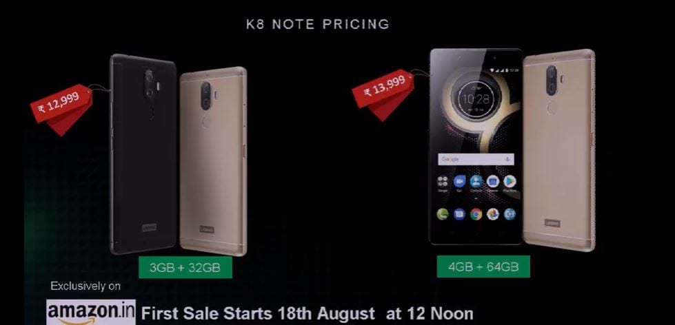 Lenovo K8 Note pricing details