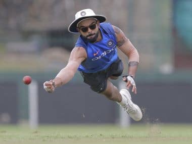 India’s cricket captain Virat Kohli dives to catch a ball during a training session ahead of their second test cricket match with Sri Lanka in Colombo, Sri Lanka, Tuesday, Aug. 1, 2017. (AP Photo/Eranga Jayawardena)