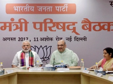 Prime Minister Narendra Modi, BJP President Amit Shah and Union ministers Rajnath Singh and Sushma Swaraj and other leaders at the party's Mukhyamatri Parishad Baithak (meeting of chief ministers of BJP-ruled states) in New Delhi on Monday. PTI