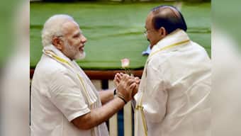 Prime Minister Narendra Modi welcomes M Venkaiah Naidu as Rajya Sabha Chairman