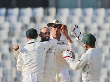 Australia’s Nathan Lyon, second from left, celebrates with his teammates after the dismissal of Bangladesh’s Taijul Islam during the first day of their first test cricket match in Dhaka, Bangladesh, Sunday, Aug. 27, 2017. (AP Photo/ A.M. Ahad)