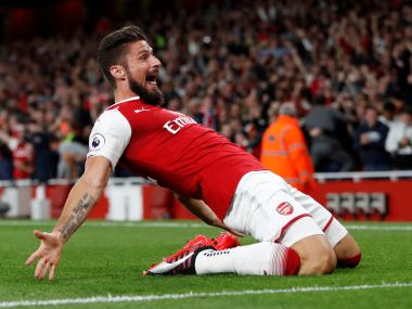 Football Soccer - Premier League - Arsenal vs Leicester City - London, Britain - August 11, 2017 Arsenal's Olivier Giroud celebrates scoring their fourth goal Action Images via Reuters/Paul Childs EDITORIAL USE ONLY. No use with unauthorized audio, video, data, fixture lists, club/league logos or "live" services. Online in-match use limited to 45 images, no video emulation. No use in betting, games or single club/league/player publications. Please contact your account representative for further details.? - RTS1BF96