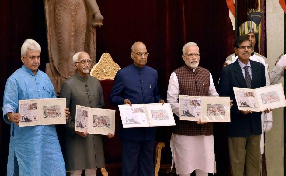 President Ram Nath Kovind, Vice-President Hamid Ansari, Prime Minister Narendra Modi and Communications Minister Manoj Sinha released a set of eight commemorative postage stamps during a ceremony hosted in the honour of freedom-fighters at Rashtrapati Bhavan in New Delhi on the occasion of August Kranti Day. PTI President Ram Nath Kovind, Vice-President Hamid Ansari, Prime Minister Narendra Modi and Communications Minister Manoj Sinha released a set of eight commemorative postage stamps during a ceremony hosted in the honour of freedom-fighters at Rashtrapati Bhavan in New Delhi on the occasion of August Kranti Day. PTI