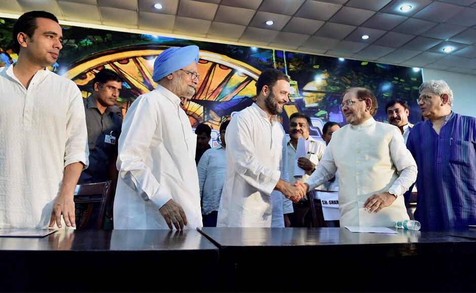 Congress vice-president Rahul Gandhi, former prime minister Manmohan Singh, former JD(U) president Sharad Yadav, CPM general secretary Sitaram Yechury, Jayant Chaudhary, General Secretary of the Rashtriya Lok Dal (RLD) and CPI MP D Raja attend the day-long Opposition conclave <em>Sajha Virasat Bachao Sammelan</em> in New Delhi on Thursday. PTI Congress vice-president Rahul Gandhi, former prime minister Manmohan Singh, former JD(U) president Sharad Yadav, CPM general secretary Sitaram Yechury, Jayant Chaudhary, General Secretary of the Rashtriya Lok Dal (RLD) and CPI MP D Raja attend the day-long Opposition conclave <em>Sajha Virasat Bachao Sammelan</em> in New Delhi on Thursday. PTI