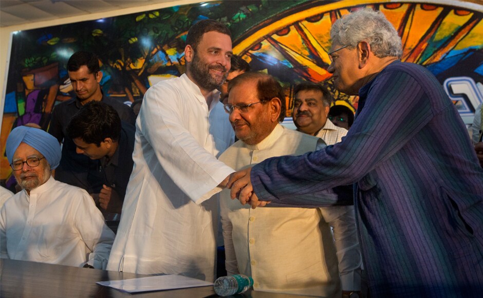 Rahul Gandhi shakes hand with Sitaram Yechury. Gandhi launched a scathing attack on the Rashtriya Swayamsevak Sangh (RSS) and the Narendra Modi government. AP Rahul Gandhi shakes hand with Sitaram Yechury. Gandhi launched a scathing attack on the Rashtriya Swayamsevak Sangh (RSS) and the Narendra Modi government. AP