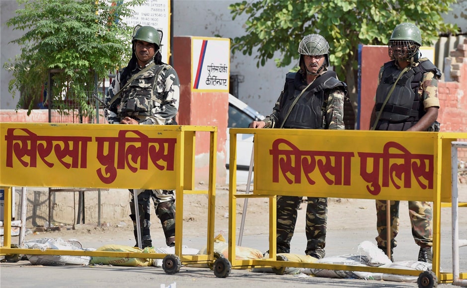 There was tight security in and around Dera Sacha Sauda headquarters to contain the possible violence following the sentence announcement in Sirsa on Monday. PTI There was tight security in and around Dera Sacha Sauda headquarters to contain the possible violence following the sentence announcement in Sirsa on Monday. PTI