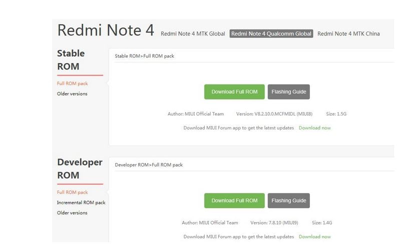 Xiaomi Redmi Note 4 MIUI ROM download page. Image: Xiaomi