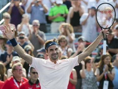 Roger Federer, of Switzerland, celebrates his victory over Roberto Bautista Agut, of Spain, during quarterfinal play at the Rogers Cup tennis tournament, Friday Aug. 11, 2017, in Montreal. (Paul Chiasson/The Canadian Press via AP)