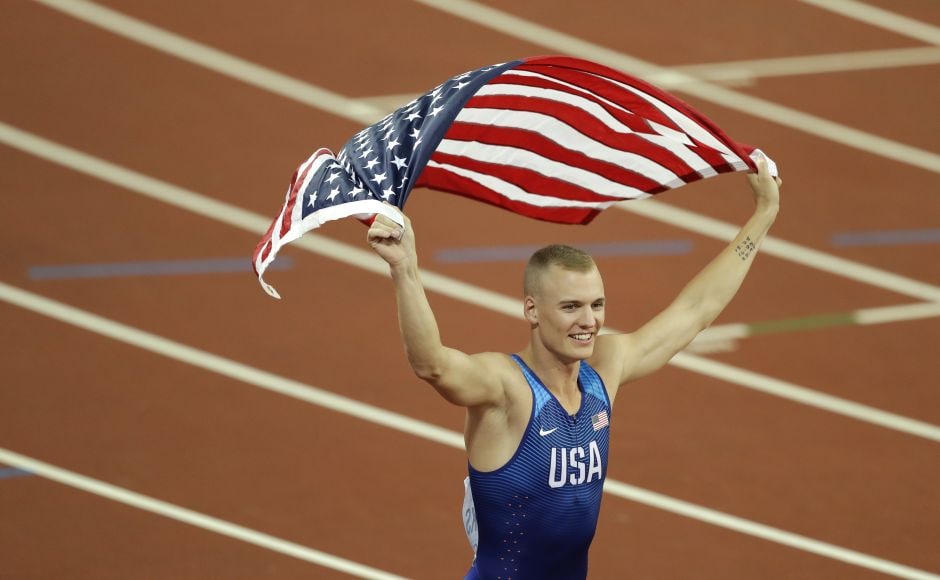 American Sam Kendricks celebrates after wining the gold medal in the men's pole vault final during the IAAF World Championships in London. AP American Sam Kendricks celebrates after wining the gold medal in the men's pole vault final during the IAAF World Championships in London. AP