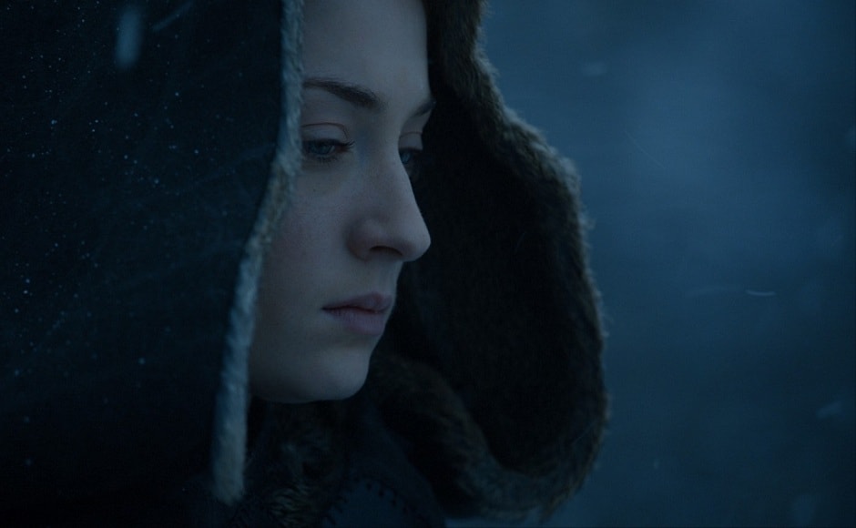 Sansa stands alone in the snow at Winterfell looking scared, worried and sad — all at the same time. Has Littlefinger been successful in creating a rift between the Stark sisters? Has she laid hands on some more of Arya's stuff? Image via HBO.