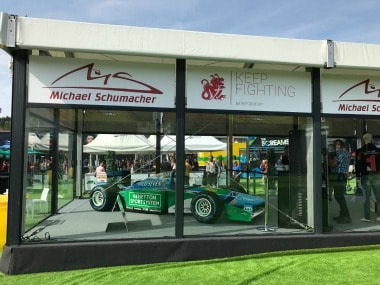Michael Schumacher's 1994 Benetton car driven by his son Mick Schumacher. Image Courtesy: Twitter @schumacher