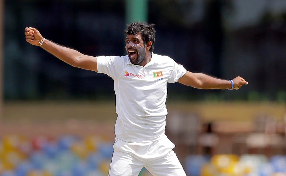 Sri Lanka's Dilruwan Perera struck on his first ball trapping Dhawan leg before wicket. The batsman missed a sweep and was given not out by the on-field umpire until it was reversed after Chandimal decided to use the DRS. AP Sri Lanka's Dilruwan Perera struck on his first ball trapping Dhawan leg before wicket. The batsman missed a sweep and was given not out by the on-field umpire until it was reversed after Chandimal decided to use the DRS. AP