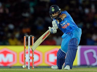 India’s captain Virat Kohli drives it through the covers in his innings of 82* against Sri Lanka. AP 