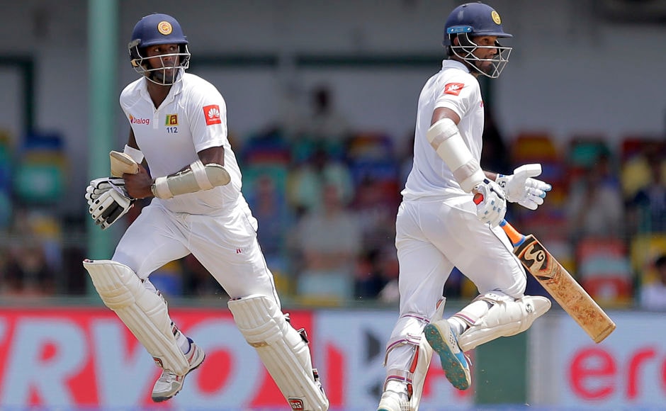 After 2 quick wickets. Dimuth Karunaratne and Angelo Mathews provided some resistance to avoid a collapse. The duo added 69 runs for the 5th wicket before Mathews was caught smartly by wicket-keeper Wriddhiman Saha for 36. AP After 2 quick wickets. Dimuth Karunaratne and Angelo Mathews provided some resistance to avoid a collapse. The duo added 69 runs for the 5th wicket before Mathews was caught smartly by wicket-keeper Wriddhiman Saha for 36. AP
