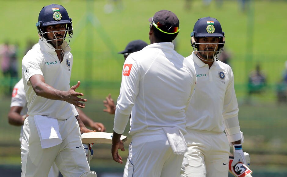 Angelo Mathews congratulates Hardik Pandya for his whirlwind century, that propelled India's score to 487 in the 1st innings. AP Angelo Mathews congratulates Hardik Pandya for his whirlwind century, that propelled India's score to 487 in the 1st innings. AP