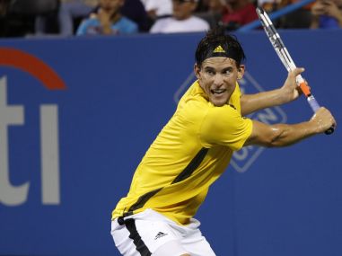 Aug 1, 2017; Washington, DC, USA; Dominic Thiem of Austria hits a backhand against Henri Laaksonen of Switzerland (not pictured) on day two of the Citi Open at Fitzgerald Tennis Center. Thiem won 6-3, 6-3. Mandatory Credit: Geoff Burke-USA TODAY Sports - RTS1A1U7