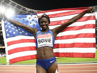Tori Bowie of the US celebrates winning gold in the Women's 100 Metre. Reuters