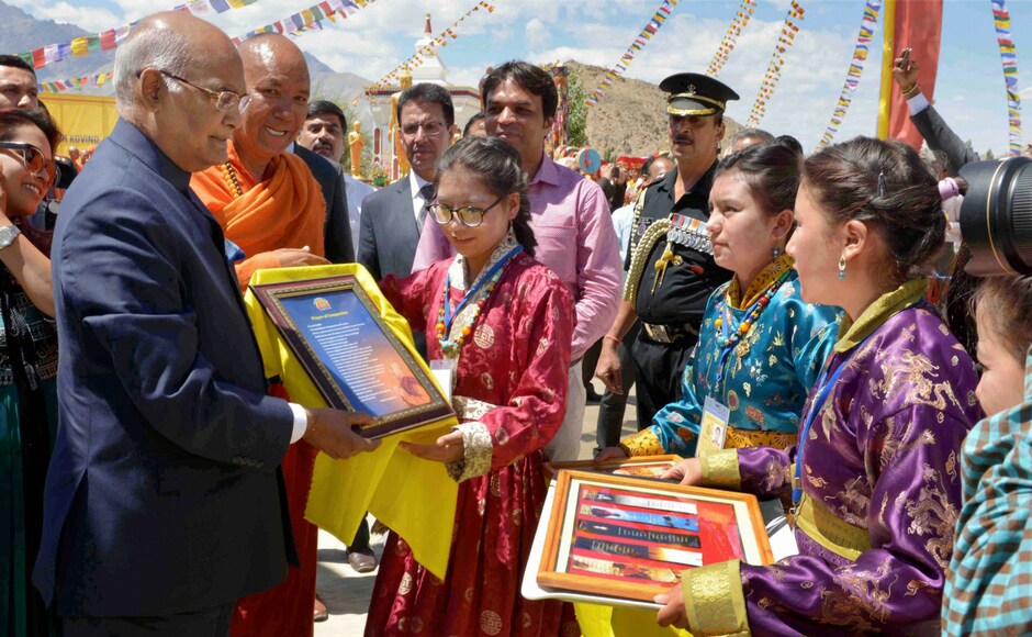 President Ram Nath Kovind during a visit to Mahabodhi International Meditation Centre in Leh, Jammu & Kashmir on Monday. PTI President Ram Nath Kovind during a visit to Mahabodhi International Meditation Centre in Leh, Jammu & Kashmir on Monday. PTI