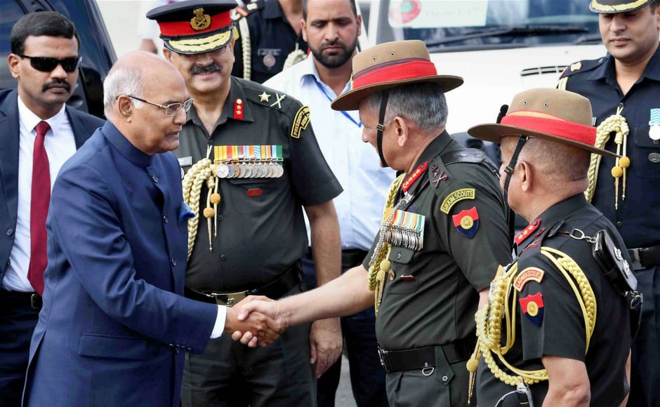 President Ram Nath Kovind is greeted by army chief General Bipin Singh Rawat at the presentation of the President's Colours to the Ladakh Scouts Regimental Centre and all five battalions of the Regiment, at Leh on Monday. PTI / RB President Ram Nath Kovind is greeted by army chief General Bipin Singh Rawat at the presentation of the President's Colours to the Ladakh Scouts Regimental Centre and all five battalions of the Regiment, at Leh on Monday. PTI / RB