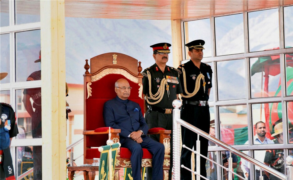 President Ram Nath Kovind at the presentation of the President's Colours to the Ladakh Scouts Regimental Centre and all five battalions of the Regiment, at Leh in Ladakh on Monday. PTI President Ram Nath Kovind at the presentation of the President's Colours to the Ladakh Scouts Regimental Centre and all five battalions of the Regiment, at Leh in Ladakh on Monday. PTI